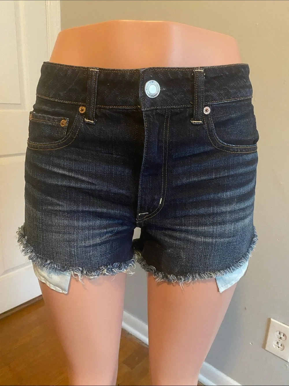 American Eagle Outfitters Dark Blue Frayed Hem Jean Shorts